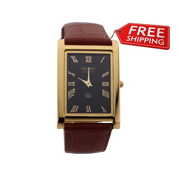 Seiko Slim Vintage Quartz Men's  Wrist Watch Black Dial with new Camel Strap - Picture 1 of 7